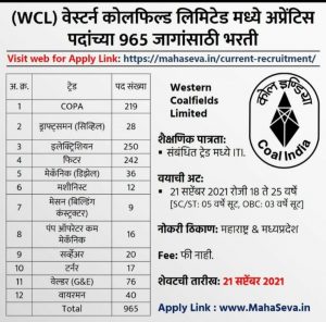 Read more about the article W. C. L मध्ये पद भरती ,तरुणांना सुवर्ण संधी आय टी आय च्या पात्रतेनुसार भरती
