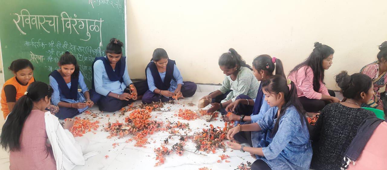 Read more about the article आश्रम शाळेच्या विद्यार्थीनींनी केले पळसाच्या फुलांपासून नैसर्गिक रंग
